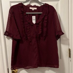 LOFT Burgundy Ruffle Blouse Short Sleeves Sz  L
